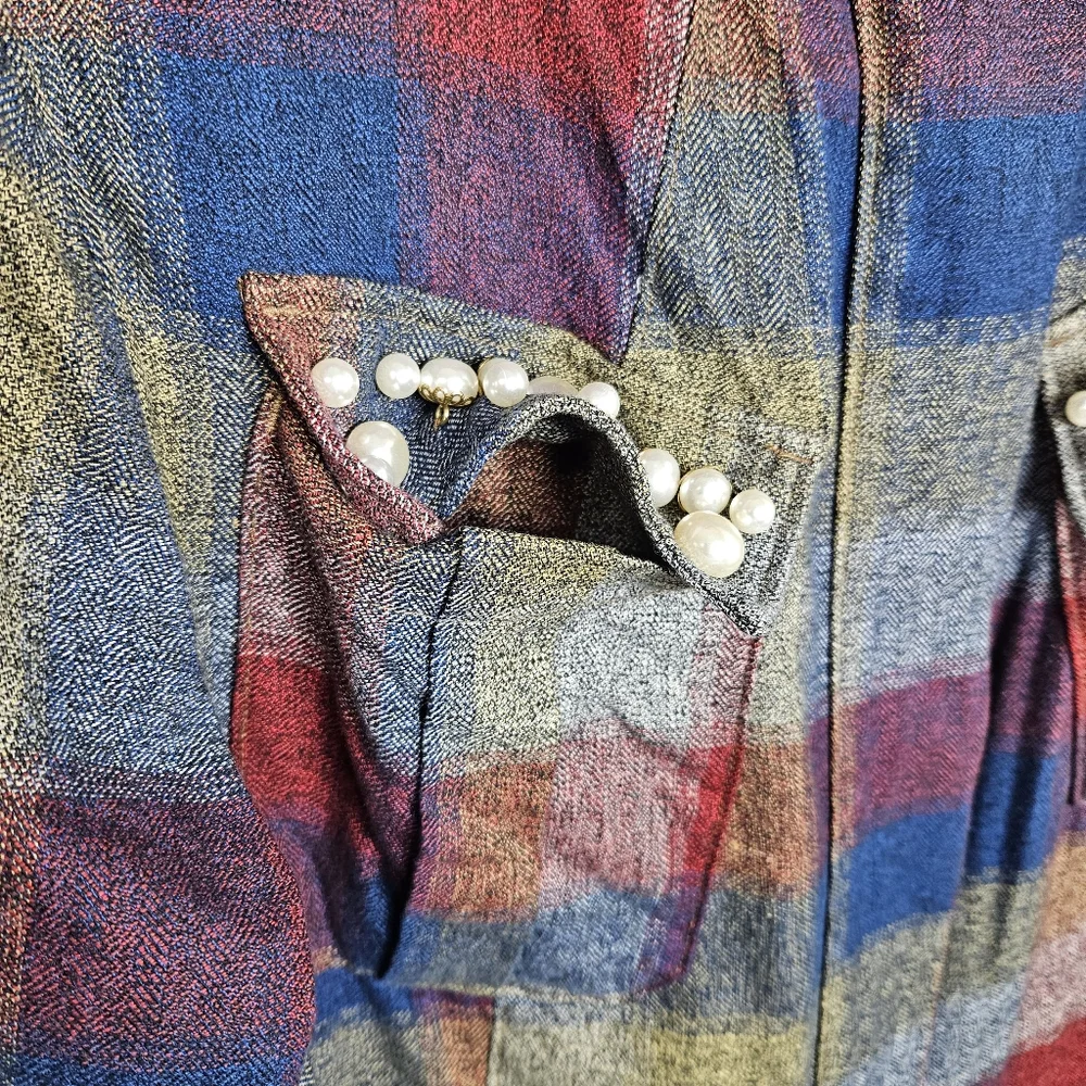 CAbi Barn Jacket Size L Autumn Plaid Pearl Zip Utility Cotton Shacket Multi